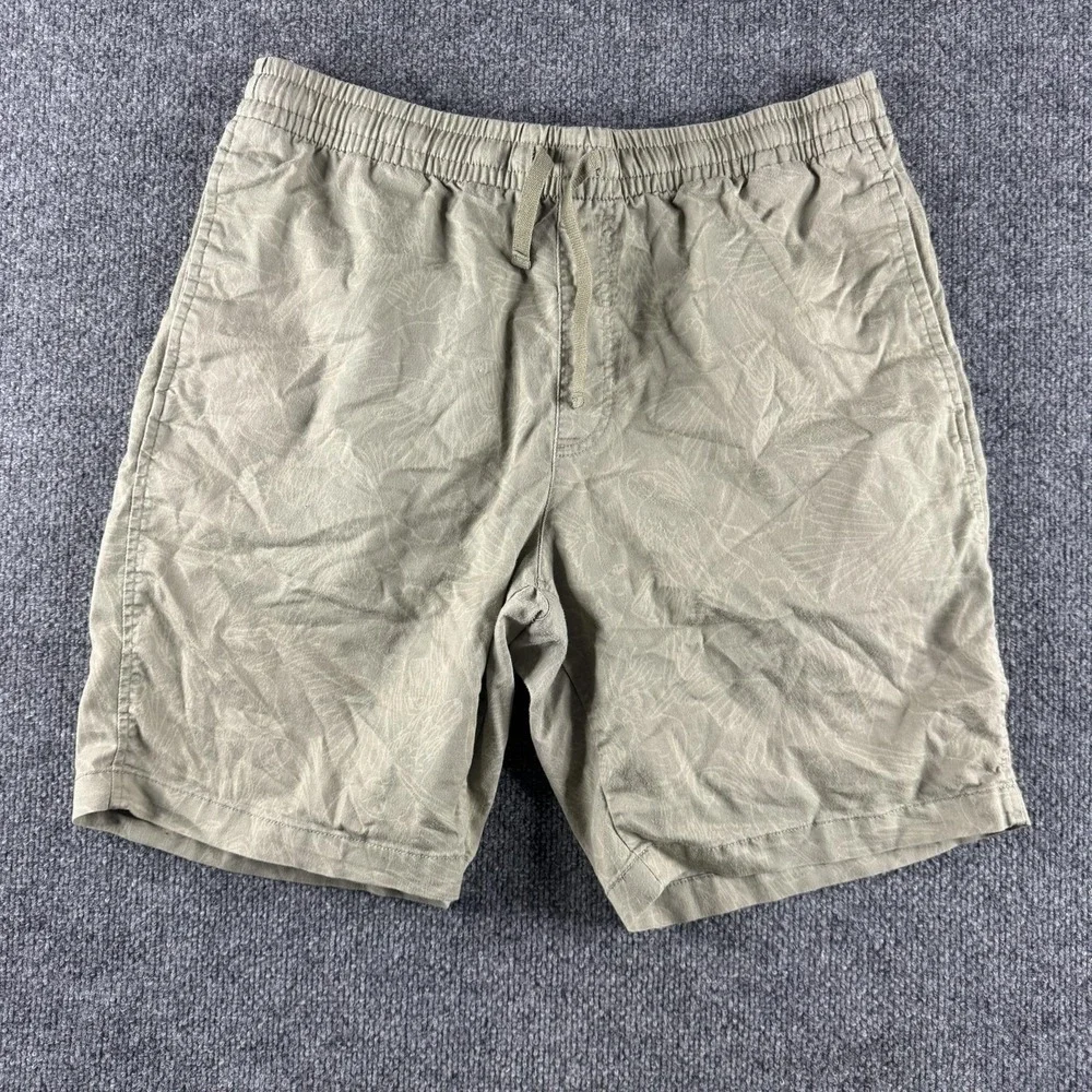 Uniqlo Shorts Mens L Green Chino Elastic Waist Drawstring Tropical Print Canvas